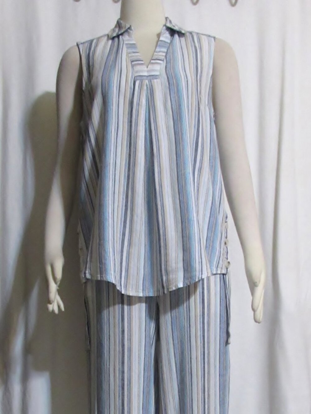 Womens Ladies SHARAGANO Striped Linen Blend Top & Pants Outfit S Orig $88